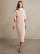 Draped-Front High-Neck Midi Dress Pale Pink | Womens