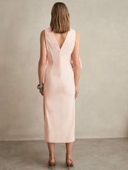 Draped-Front High-Neck Midi Dress Pale Pink | Womens