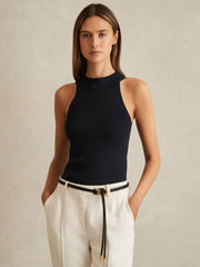 Rib Knit High Neck Vest Navy | Womens