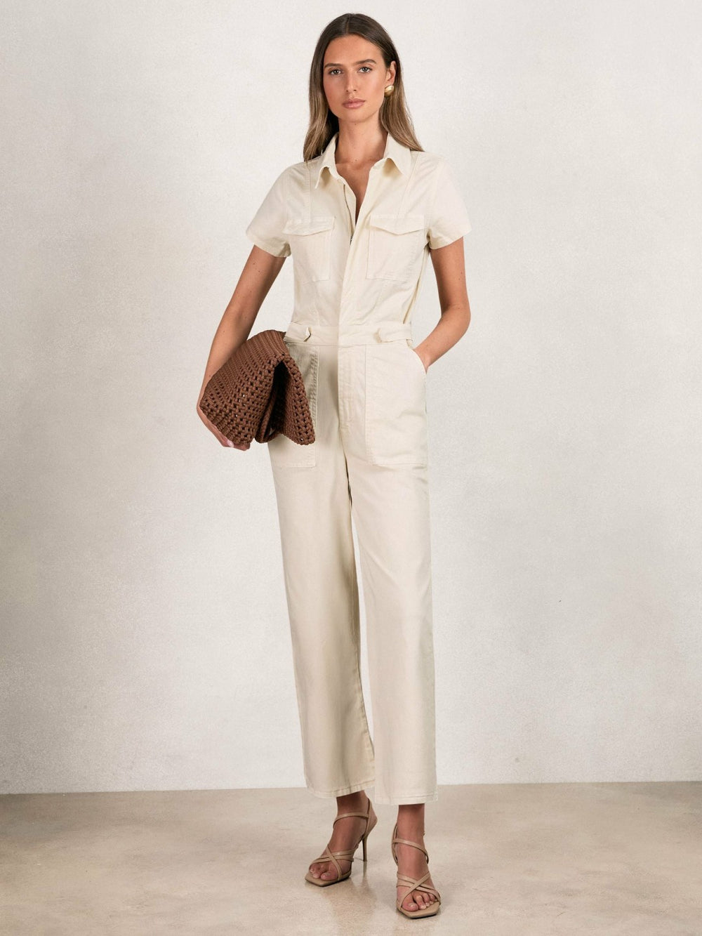 Good American Cotton Twill Jumpsuit with Stretch Ecru | Womens