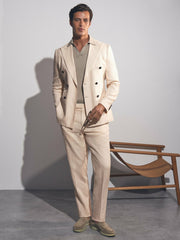 Linen Double-Breasted Suit Slim-Fit Blazer Stone | Mens