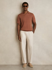 Merino Wool Open Collar Polo Shirt Cinnamon Brown | Mens