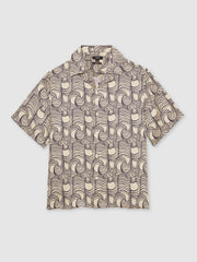 Wave Print Cuban Collar Shirt Off White/Navy | Mens