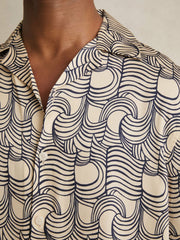 Wave Print Cuban Collar Shirt Off White/Navy | Mens