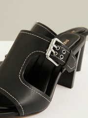 Leather Buckle Block-Heel Sandals Black | Womens
