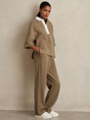 Cotton-Blend Interlock Collar Sweatshirt Camel | Womens