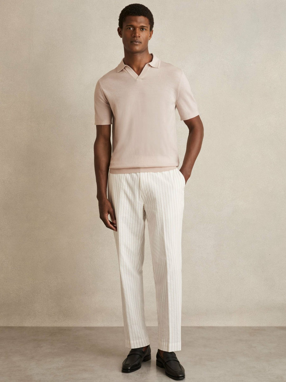 Merino Wool Open Collar Polo Shirt Beige | Mens