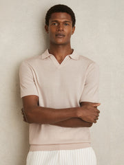 Merino Wool Open Collar Polo Shirt Beige | Mens
