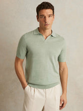 Merino Wool Open Collar Polo Shirt Sage Green Melange | Mens