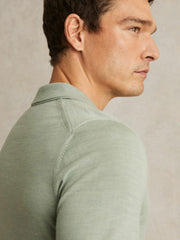 Merino Wool Open Collar Polo Shirt Sage Green Melange | Mens