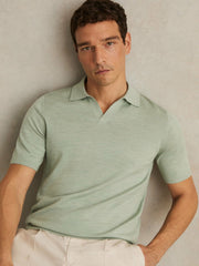 Merino Wool Open Collar Polo Shirt Sage Green Melange | Mens