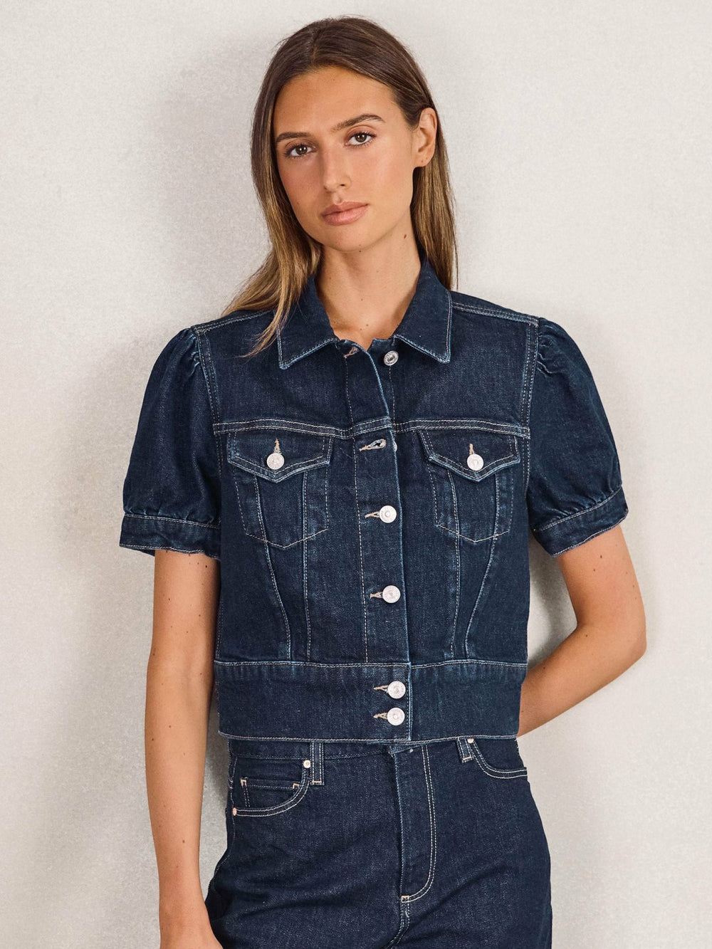 Paige Puff-Sleeve Short Denim Jacket Emberlynn Blue | Womens