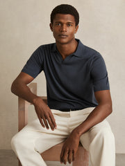 Merino Wool Open Collar Polo Shirt Midnight Navy | Mens