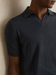 Merino Wool Open Collar Polo Shirt Midnight Navy | Mens