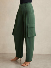 Wide-Leg Pleated Cargo Trousers Green | Womens