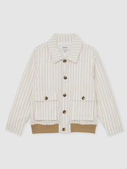 13-14 yrs Cotton Pinstripe Harrington Jacket Off White/Taupe Brown | Children