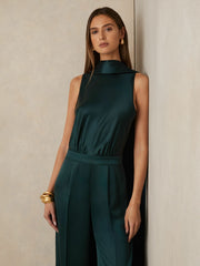 Satin Cape-Sash Jumpsuit Teal Green | Womens