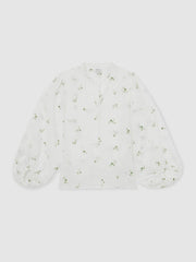Floral-Embroidered Tie-Neck Blouse Ramie-Lyocell Ivory | Womens