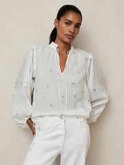 Floral-Embroidered Tie-Neck Blouse Ramie-Lyocell Ivory | Womens
