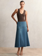 Denim Panelled Midi Skirt Indigo | Womens