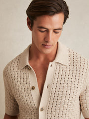 Basketweave Knit Button Through Cotton Blend Shirt Stone | Mens