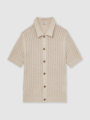 Basketweave Knit Button Through Cotton Blend Shirt Stone | Mens