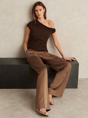 Petite Satin Wide Leg Elastic Waist Trousers Taupe Neutral | Womens