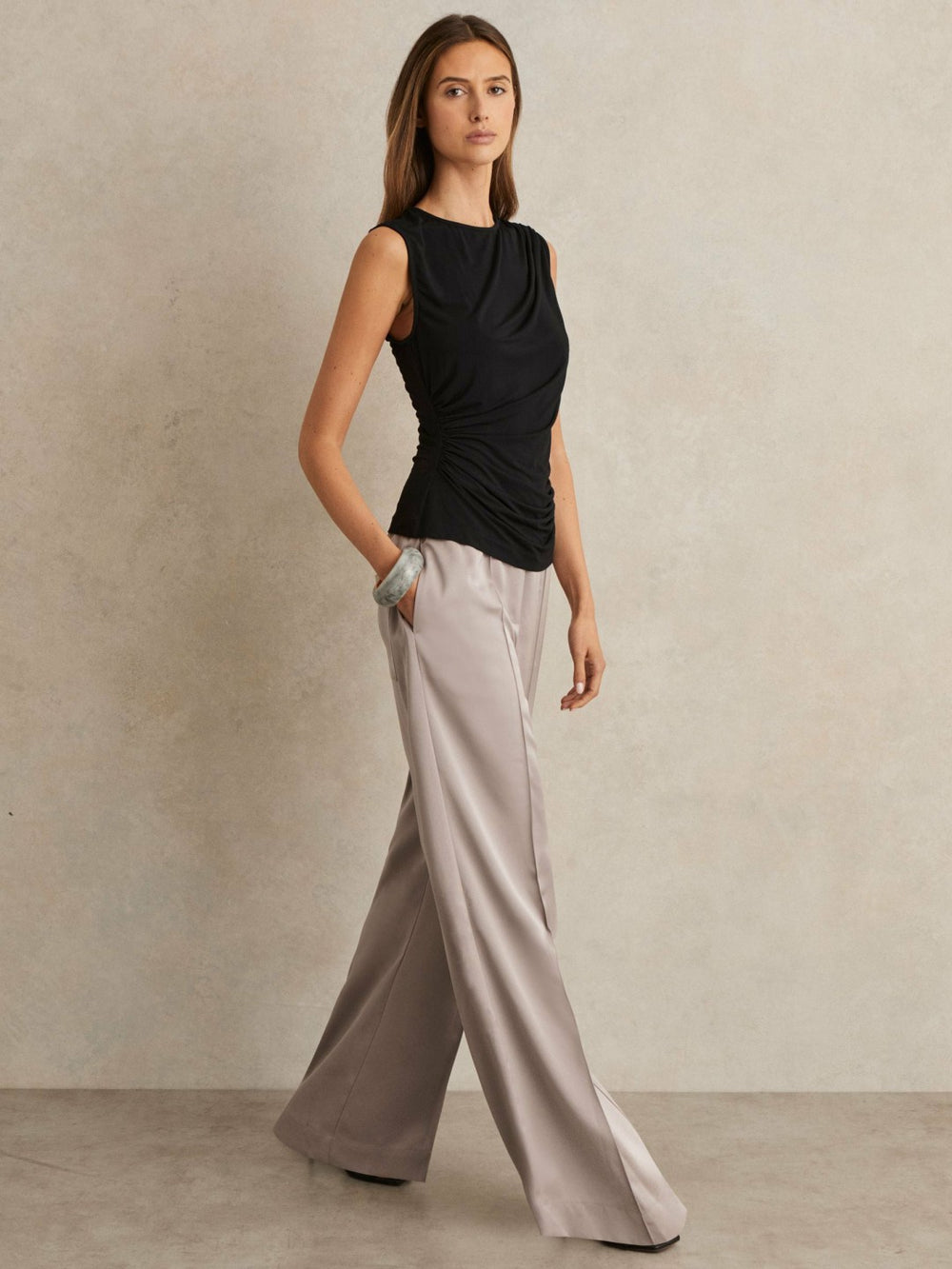 Petite Satin Wide Leg Elastic Waist Trousers Grey | Womens