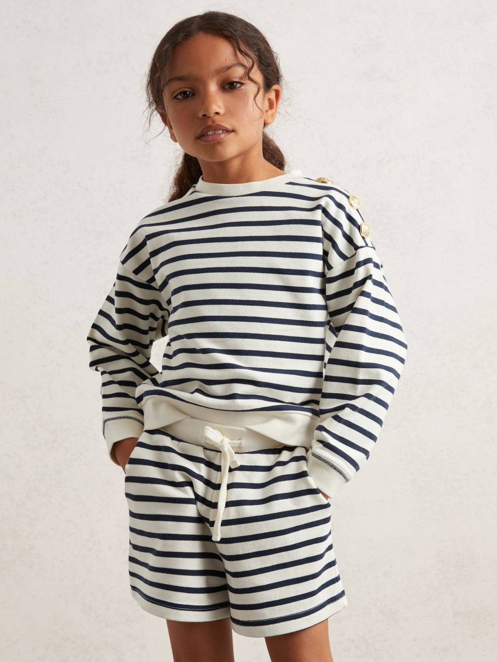 9-13 yrs Stripe Sweatshirt and Shorts Set Cotton-Blend Navy/Ivory | Children