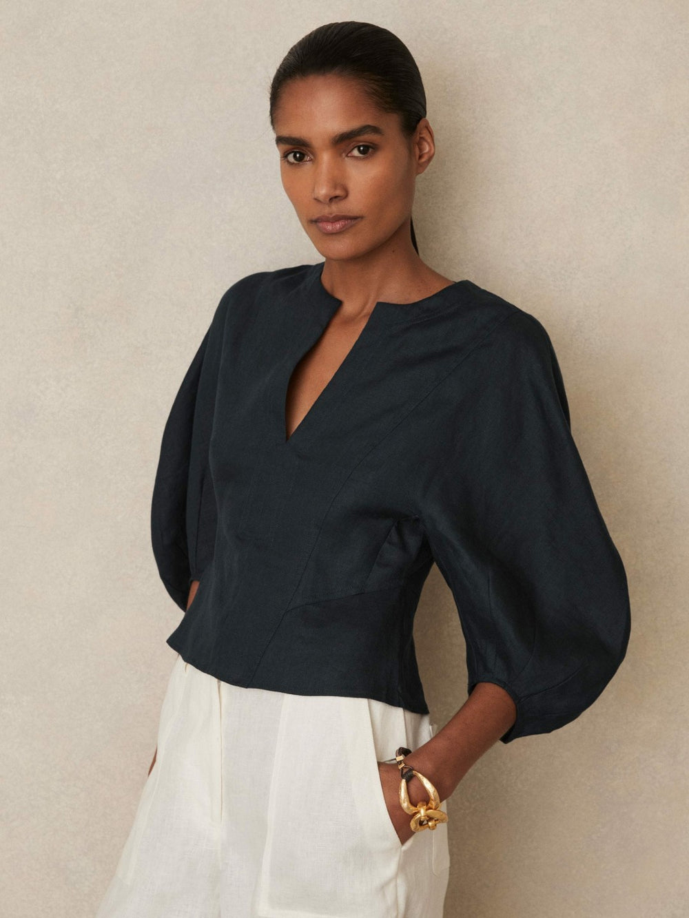 Linen Balloon-Sleeve Top Navy | Womens