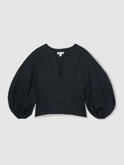 Linen Balloon-Sleeve Top Navy | Womens