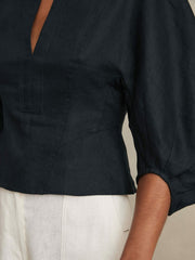 Linen Balloon-Sleeve Top Navy | Womens