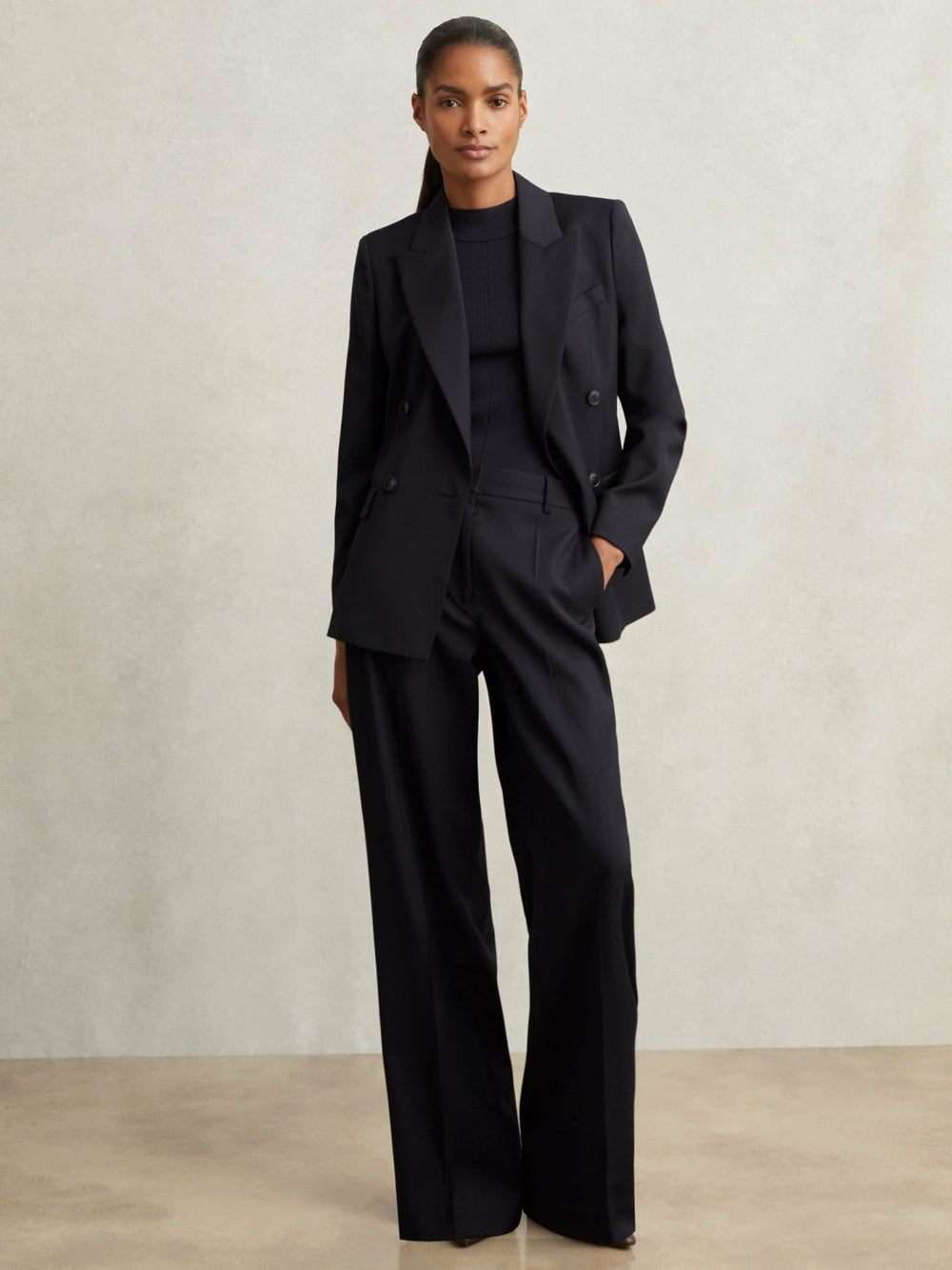 Petite Wool-Blend Wide-Leg Suit Trousers Navy | Womens