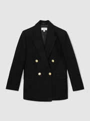 Petite Oversized Double-Breasted Blazer Linen-Blend Black | Womens