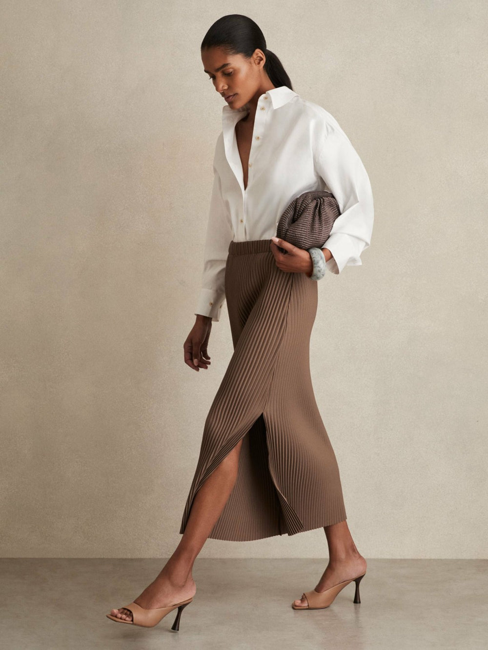 Pleated Jersey Midi Skirt Chocolate | Womens
