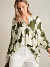 Floral Tie-Neck Swing Blouse Ivory/Green | Womens