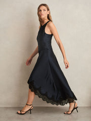 Petite Satin Drape Lace-Trim Dress Navy | Womens