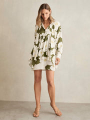 Floral Tie-Neck Swing Dress Ivory/Green | Womens