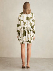 Floral Tie-Neck Swing Dress Ivory/Green | Womens