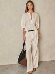 Linen Balloon-Sleeve Top Ivory | Womens