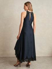 Satin Drape Lace-Trim Dress Navy | Womens