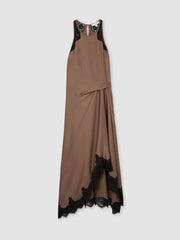 Petite Satin Drape Lace-Trim Dress Mocha Brown | Womens