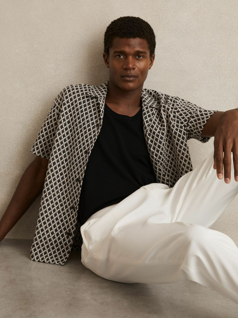 Geometric-Crochet Cuban-Collar Shirt Navy/White | Mens