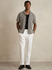 Geometric-Crochet Cuban-Collar Shirt Navy/White | Mens