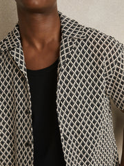 Geometric-Crochet Cuban-Collar Shirt Navy/White | Mens