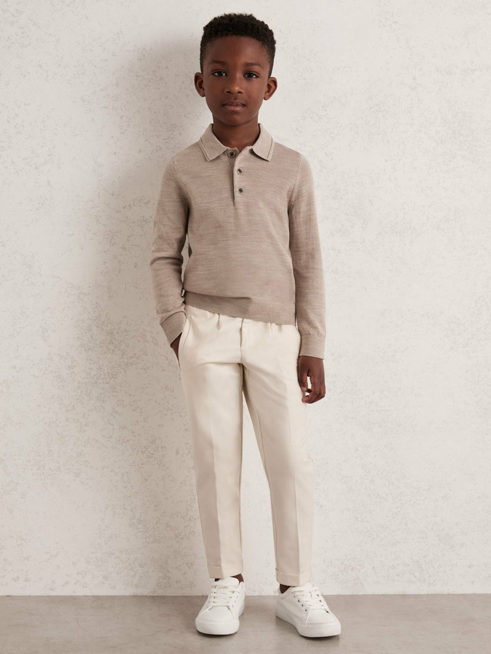4-9 yrs Merino Wool Long-Sleeve Polo Shirt Wheat Melange | Children