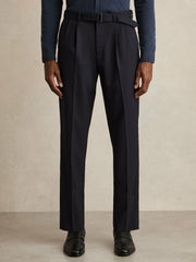 Wool-Blend Belted Pleated Trousers Regular-Fit Navy | Mens