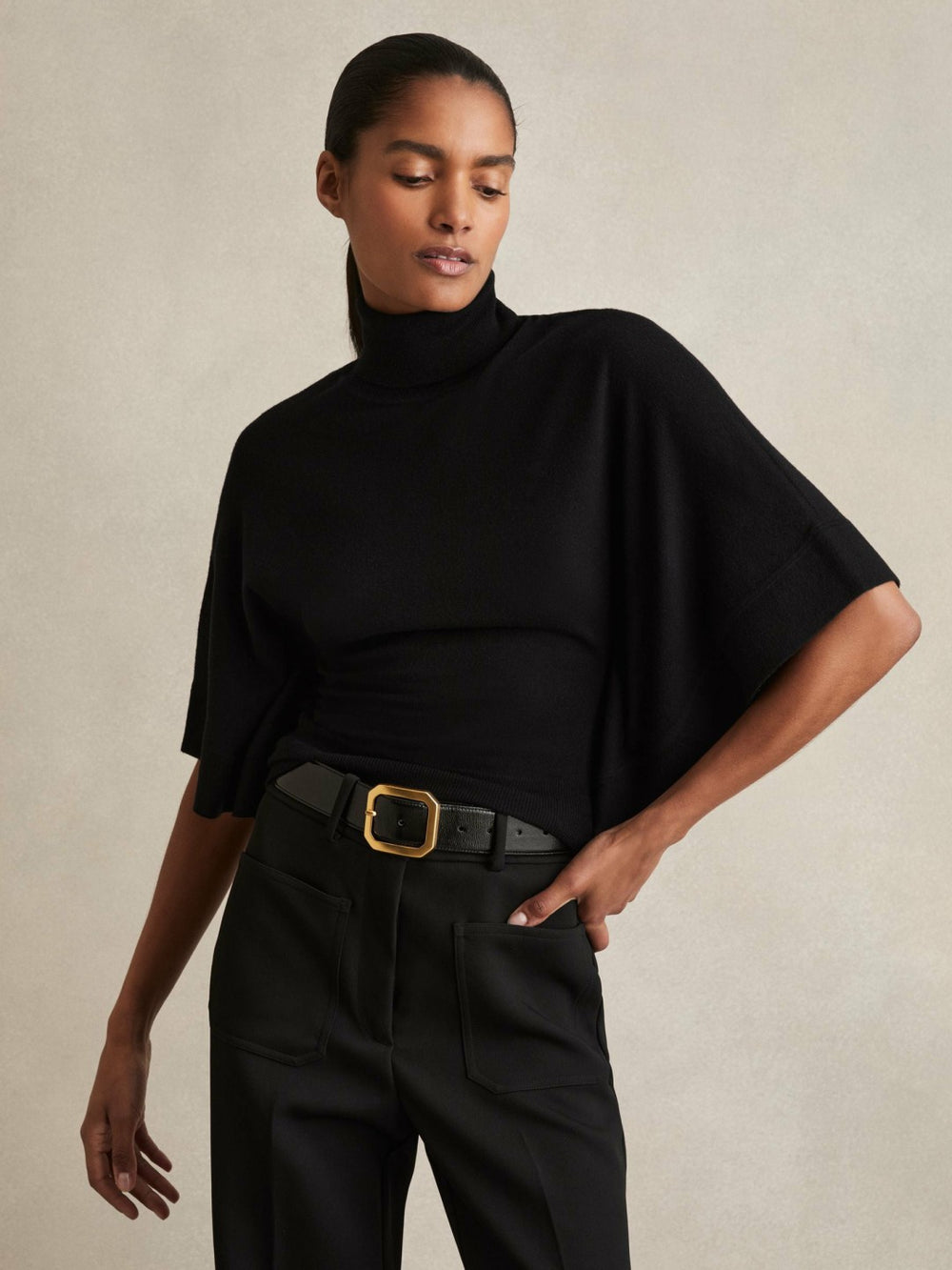 Merino Wool Batwing Roll-Neck Jumper Black | Womens