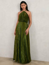 Halston Metallic Pleated Maxi Dress Dark Olive Green | Womens