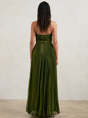 Halston Metallic Pleated Maxi Dress Dark Olive Green | Womens